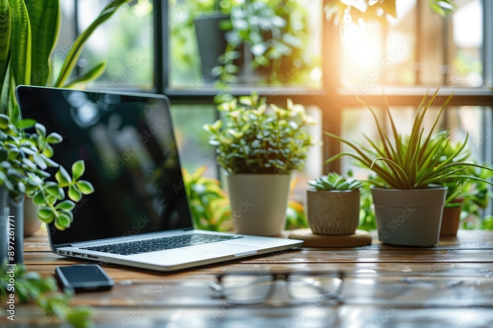 A Laptop Smartphone Glasses and Plants Rest on a Wooden Table by a Window Bathed in Sunlight A Laptop Smartphone Glasses and Plants Rest on a Wooden Table by a Window Bathed in Sunlight