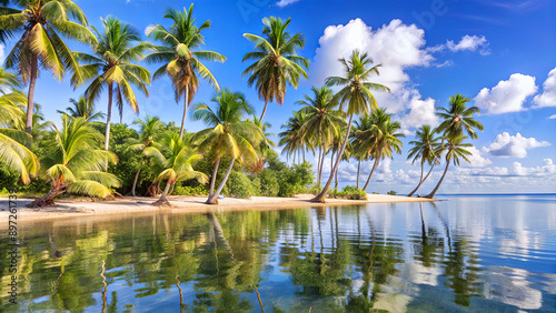 A picturesque view of a tropical beach with palm trees lining the shoreline. The calm, clear water reflects the bright blue sky and fluffy white clouds
