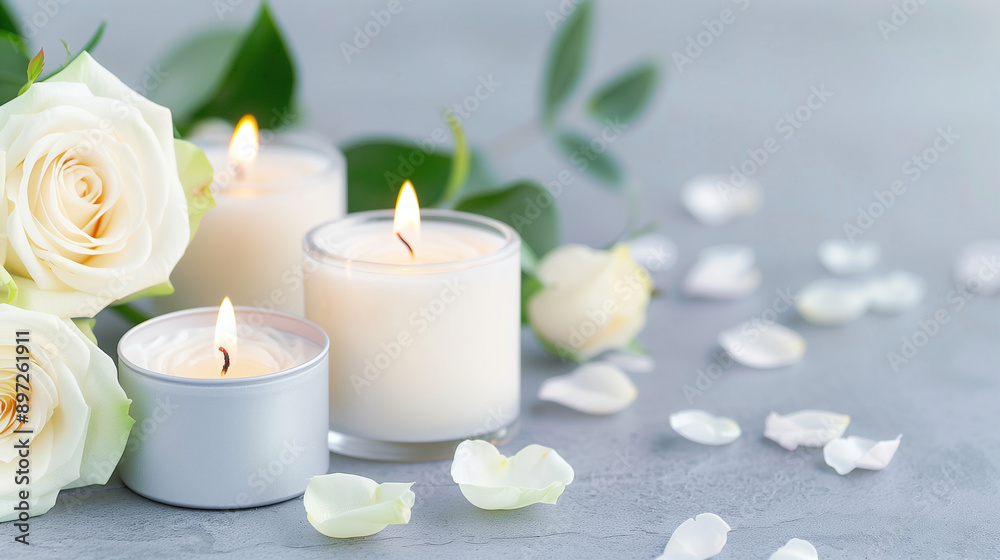 Candles and Roses Arrangement on a Grey Surface. Romantic White Roses with Lit Candles and Petals for Tranquil Ambiance. Beautiful Floral and Candle Composition Candles and Roses Arrangement on a Grey Surface. Romantic White Roses with Lit Candles and Petals for Tranquil Ambiance. Beautiful Floral and Candle Composition