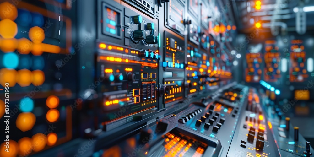 Futuristic Control Room Filled with Bright Lights and Panels