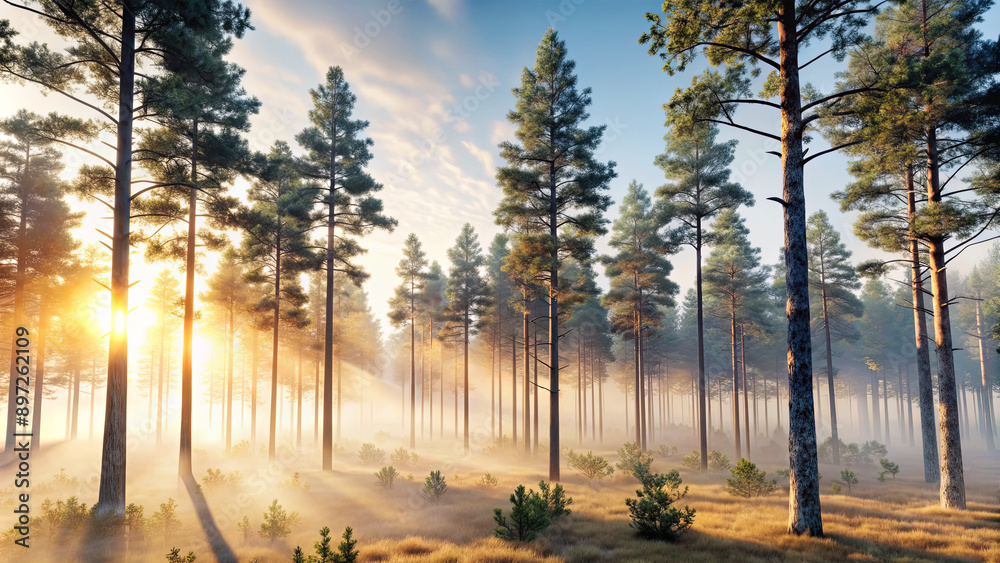 Sunlight streams through the tall trees of a dense pine forest ...