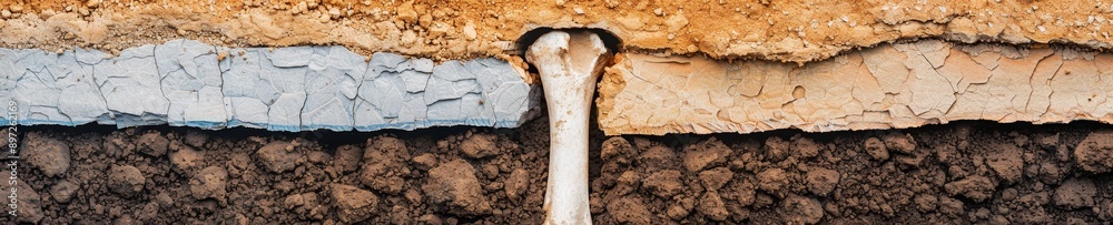 close-up of a large bone protruding from sedimentary layers in a geological excavation - discovering the past - paleontology, anthropology, archaeology - science background close-up of a large bone protruding from sedimentary layers in a geological excavation - discovering the past - paleontology, anthropology, archaeology - science background