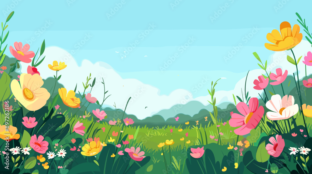 Meadow with wildflowers vector cartoon illustration background, copy space Meadow with wildflowers vector cartoon illustration background, copy space