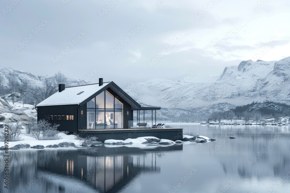 Fototapeta premium house in Scandinavian style near water and snowy mountains