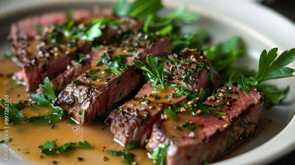 An elegant plate of steak au poivre, with peppercorn sauce and a garnish of fresh herbs