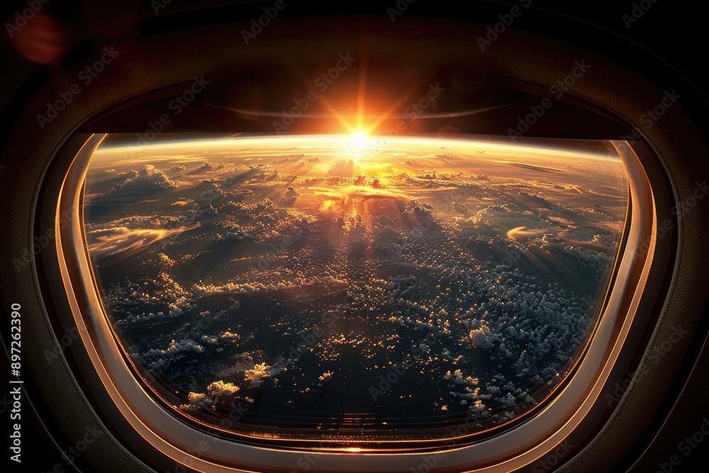 A golden sunrise viewed through an airplane window paints the sky with vibrant hues and illuminates the clouds below A golden sunrise viewed through an airplane window paints the sky with vibrant hues and illuminates the clouds below