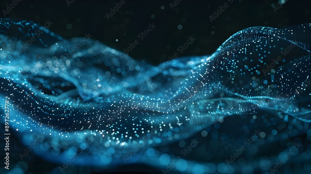 Abstract digital particles wave in blue on black background, futuristic technology concept Abstract digital particles wave in blue on black background, futuristic technology concept