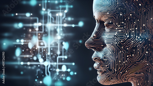 Abstract digital human face. Artificial intelligence concept of big data or cyber security. Futuristic innovative technologies. Generative ai.