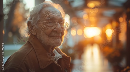 Elderly Man Wearing Glasses Stands Outdoors in Golden Sunset Light © jul_photolover