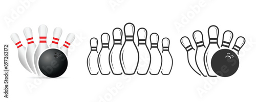 Vector set of bowling. Sport icons set. Bowling game. Bowling ball and pin icon. Simple icon skittles with ball. Logo template. Bowling club, tournaments.