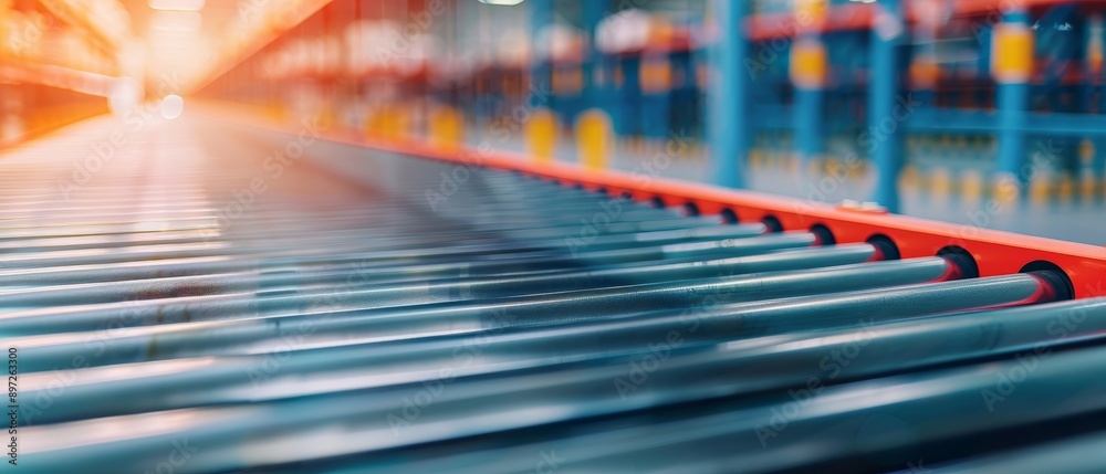 conveyor belt system in a modern warehouse with blurred background of shelving and storage. conveyor belt system in a modern warehouse with blurred background of shelving and storage.