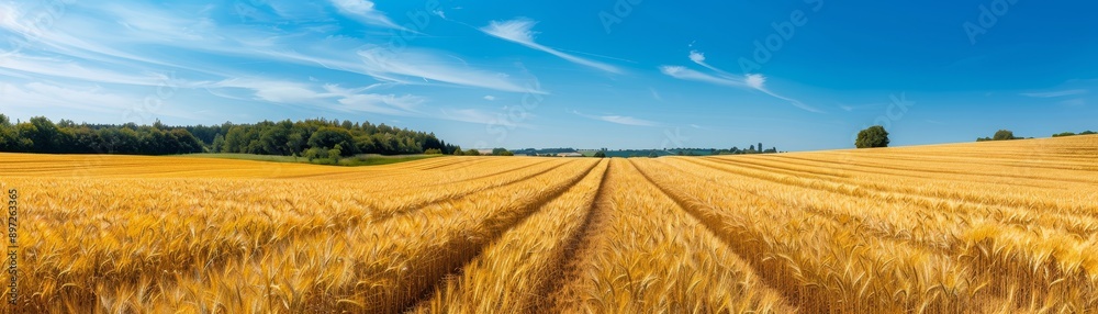 golden wheat field landscape with blue sky and white clouds in summer - scenic rural nature photography golden wheat field landscape with blue sky and white clouds in summer - scenic rural nature photography