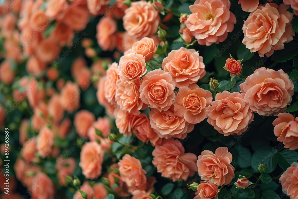 A cluster of delicate peach roses bloom in vibrant hues against a backdrop of lush green foliage A cluster of delicate peach roses bloom in vibrant hues against a backdrop of lush green foliage