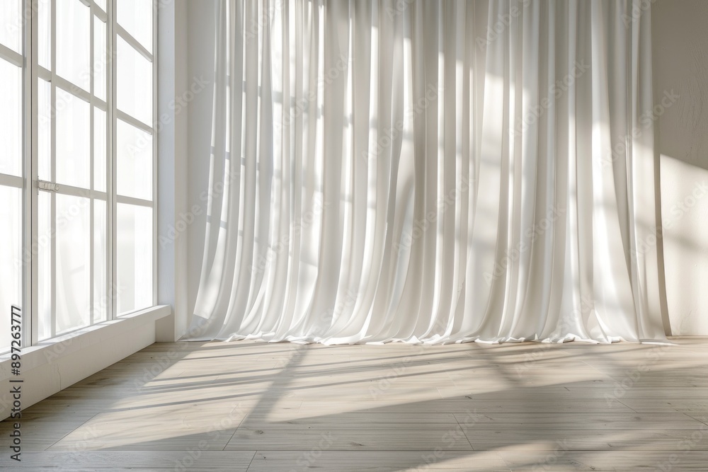 Obraz premium Light and Airy Room with Roomy Mockup Curtains and Wall for Display