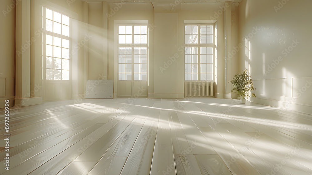 Minimalist room, light beige walls, white wooden floor, window light shadows, empty interior, clean aesthetic, natural lighting, geometric patterns, architectural photography.