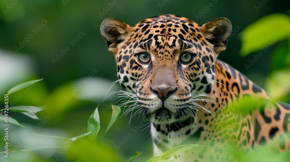 Naklejka premium majestic jaguar portrait with lush green foliage - wild cat in tropical rainforest - powerful predator gazing intensely