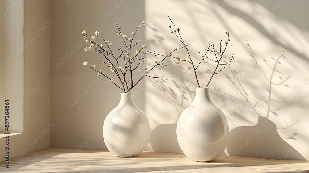 Minimalist still life, white ceramic vases, delicate branch with small leaves, soft beige background, gentle shadow play, natural sunlight, clean composition. Minimalist still life, white ceramic vases, delicate branch with small leaves, soft beige background, gentle shadow play, natural sunlight, clean composition.