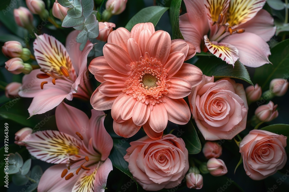 A delicate arrangement of pink roses gerberas and lilies against a backdrop of lush green foliage A delicate arrangement of pink roses gerberas and lilies against a backdrop of lush green foliage