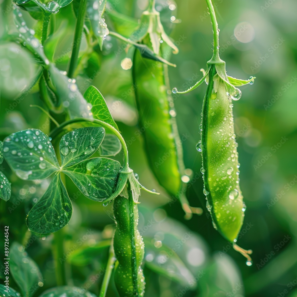 Macro Shot of Rainy Peas with Water Droplets, Close-up on field blurred Background. Organic Farming Macro Shot of Rainy Peas with Water Droplets, Close-up on field blurred Background. Organic Farming