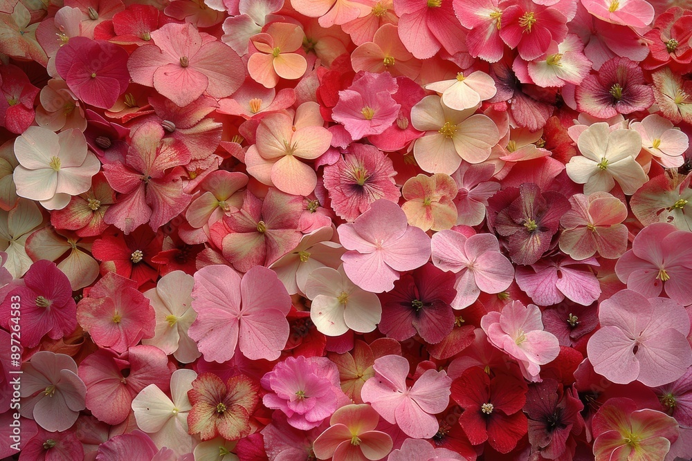 A delicate arrangement of pink and red petals showcasing the intricate details of each flower A delicate arrangement of pink and red petals showcasing the intricate details of each flower