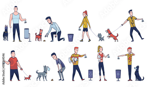 Cleaning after dog. Set of pet owners picking up pets waste during walk in public park. Animal responsibility of trash clean rules concept. Linear vector illustration