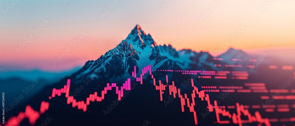 stock market growth concept - mountain peak with red and pink candlestick chart overlay stock market growth concept - mountain peak with red and pink candlestick chart overlay