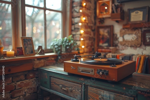 A vintage record player sits on an antique dresser bathed in the warm glow of string lights and a soft candlelight photo