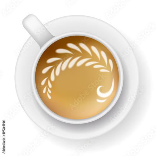 Coffee mug top view. Cappuccino espresso latte milk brown coffee vector realistic template