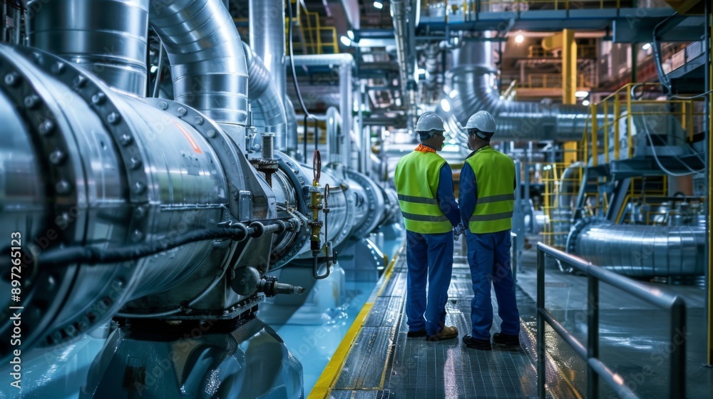 Engineers in safety gear inspecting equipment inside a geothermal power plant. Engineers in safety gear inspecting equipment inside a geothermal power plant.