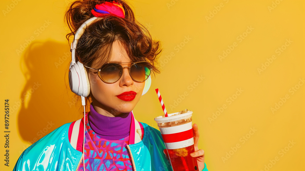 Young woman with colorful drink in urban style fashion. Vibrant lifestyle with headphones and sunglasses showcasing a trendy vibe. Perfect for modern fashion and lifestyle themes Young woman with colorful drink in urban style fashion. Vibrant lifestyle with headphones and sunglasses showcasing a trendy vibe. Perfect for modern fashion and lifestyle themes