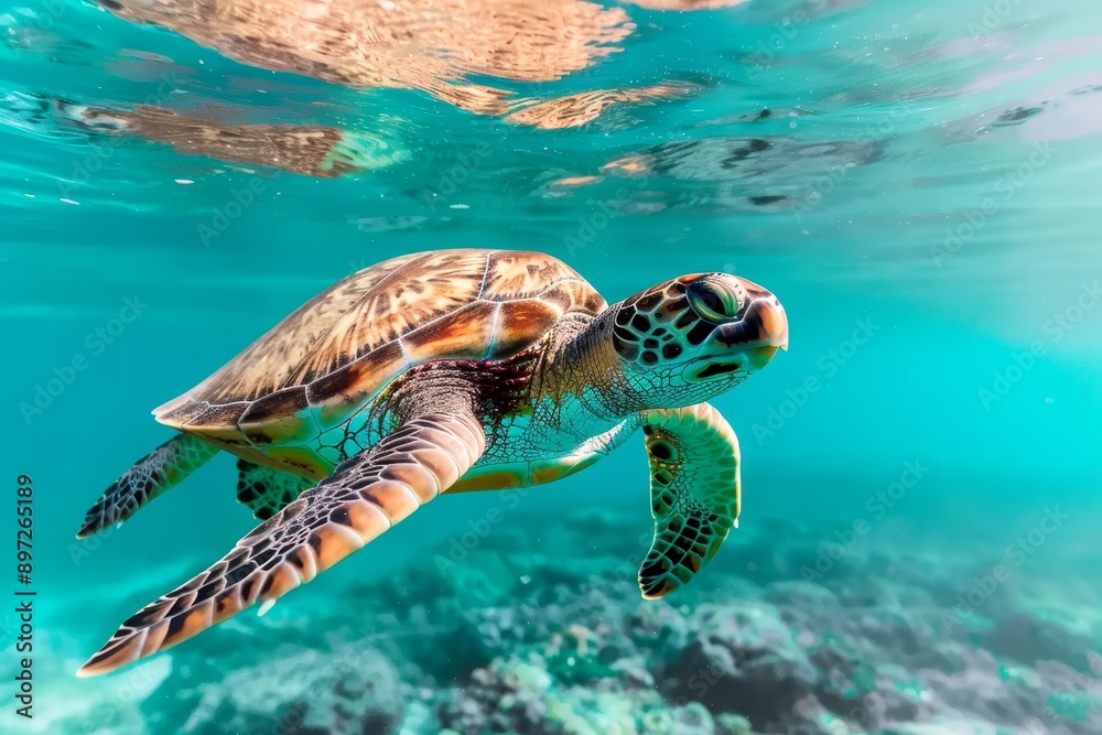Obraz premium green sea turtle swimming underwater in crystal clear tropical ocean water with coral reefs