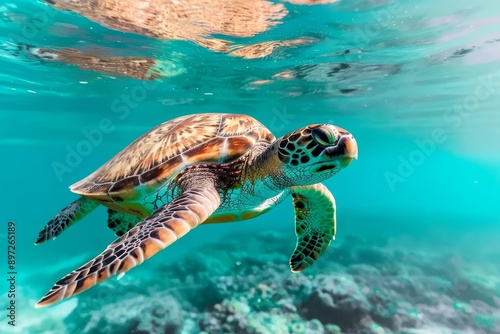 green sea turtle swimming underwater in crystal clear tropical ocean water with coral reefs © auc