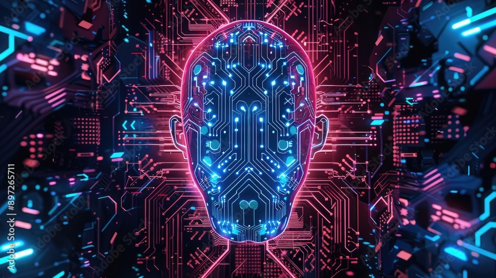 Obraz premium Abstract depiction of artificial intelligence with digital patterns and circuits.