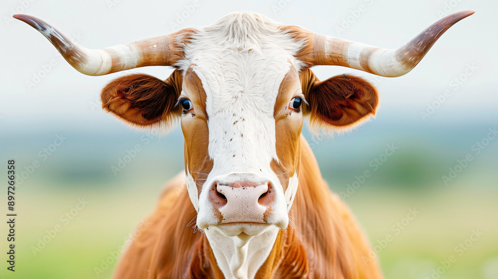 Cow portrait with majestic horns in a lush green field. Close-up of a ...