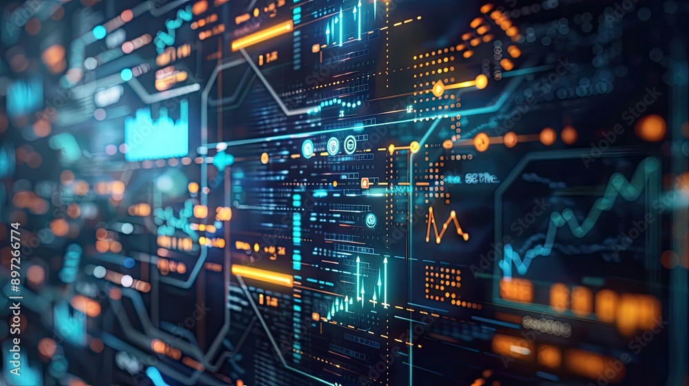 Conceptual digital interface with icons and data streams representing business intelligence. - Conceptual digital interface with icons and data streams representing business intelligence. -