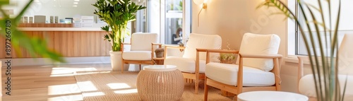Cozy dental office waiting room with comfortable seating and soft lighting