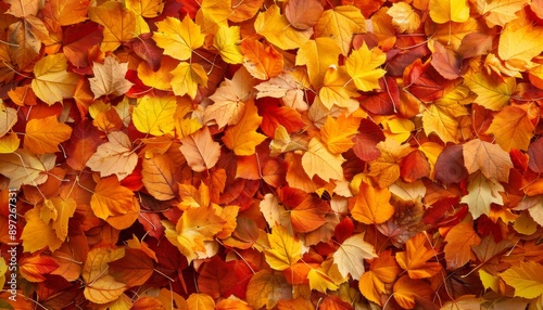 Autumn leaves close up background. Colorful fall leaves pattern. Macro top view © Yeivaz
