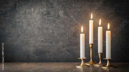 Four tall white candles are lit and placed in gold candle holders on a wooden table. They are in front of a grey wall photo