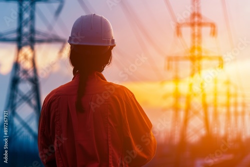 female engineer in hard hat standing before power lines at sunset - energy industry, infrastructure, construction, sustainability, renewable, power, electricity, technology, future, growth