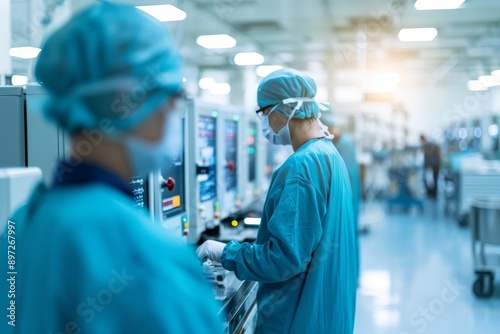 cleanroom manufacturing workers in medical production facility - high tech sterile environment - industrial technology and innovation