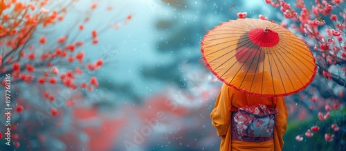 Woman in Kimono with Umbrella in a Sakura Garden