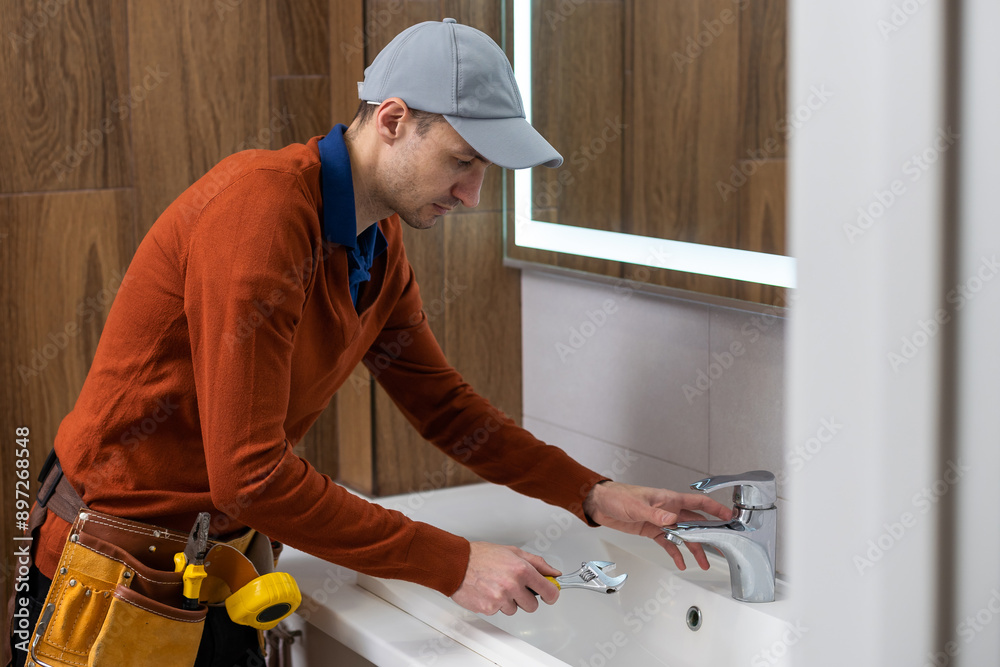 Portrait of male plumber fixing a sink in bathroom. Portrait of male plumber fixing a sink in bathroom.