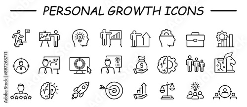Personal growth icons. Set of line icons related to upskill, upskilling, personal growth, development, education, career. Outline icon collection. Vector illustration