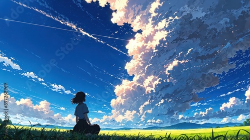 A woman gazes at a vibrant sky filled with dramatic clouds and contrails, surrounded by lush green fields under a clear blue sky.