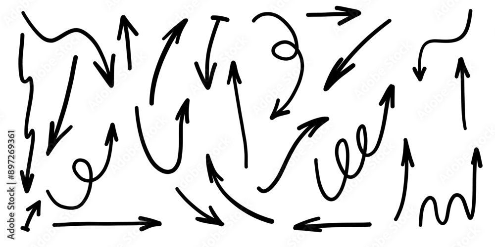 Hand drawn comic arrow doodle sign cursor set collection elements wavy retro style black white monochrome Hand drawn comic arrow doodle sign cursor set collection elements wavy retro style black white monochrome