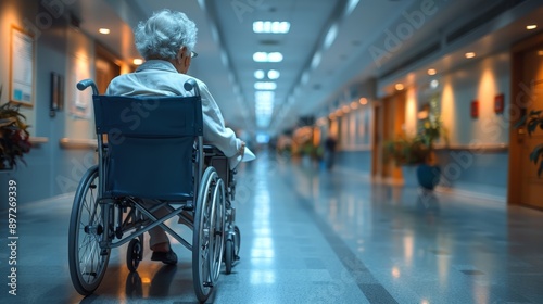 Elderly Woman in Wheelchair Traveling Down Hospital Corridor