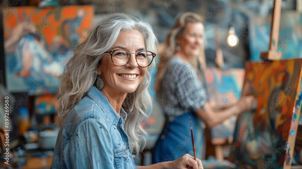 senior group of friends on art lesson, hobby class for seniors, painting on canvas. Woman enjoying painting activity in studio with her friends. senior group of friends on art lesson, hobby class for seniors, painting on canvas. Woman enjoying painting activity in studio with her friends.