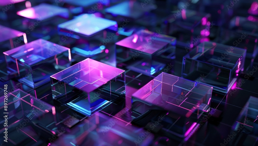 3D Render of Abstract Glass Cubes and Transparent Rectangular Plates in Blue-Purple Colors on Black Background, Minimalistic Style, Futuristic Concept of Technology or Innovation 3D Render of Abstract Glass Cubes and Transparent Rectangular Plates in Blue-Purple Colors on Black Background, Minimalistic Style, Futuristic Concept of Technology or Innovation