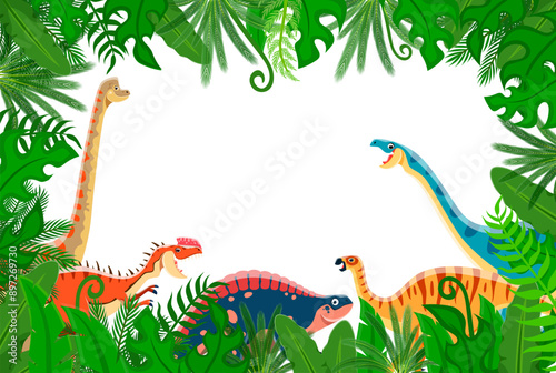 Funny dinosaurs in jungle lianas and forest green leaves frame background. Cute dino animal cartoon characters frame with vector borders of brachiosaurus, lotosaurus, camptosaurus and jurassic plants