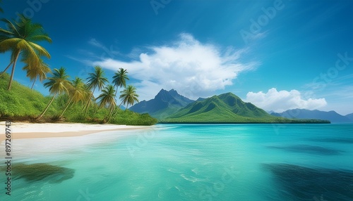 tropical beach in the ocean with palms, white sand,green mountains and turquoise water